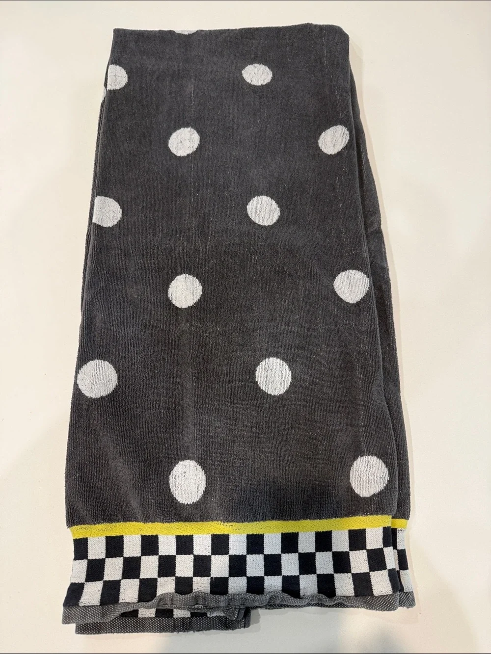 MacKenzie-Childs Black and White Polka Dot Bath Towel with Checkerboard Trim
